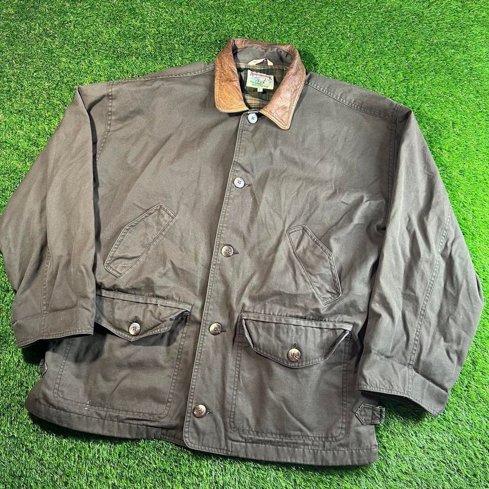 VTG Adirondack Leather Collar Barn Chore Jacket Plaid Lined Men Large Brown Coat